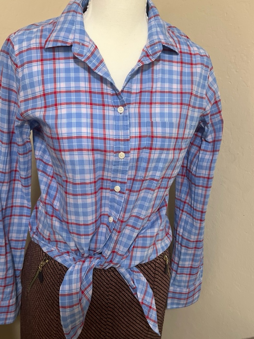 J. Crew Blue and Red Plaid Tie-Front Button Down Shirt